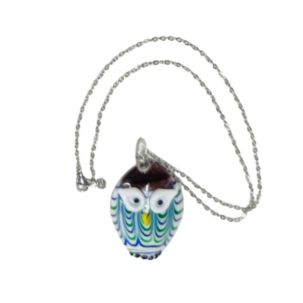 HANDCRAFTED LAMPWORK Owl Charm PENDANT STATEMENT Necklace